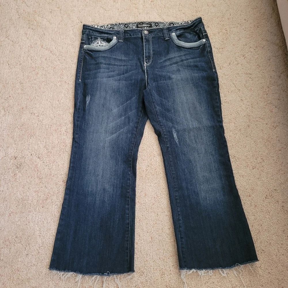 Cello Embroidered Pocket Bootcut Raw Hem Jeans Dark Wash